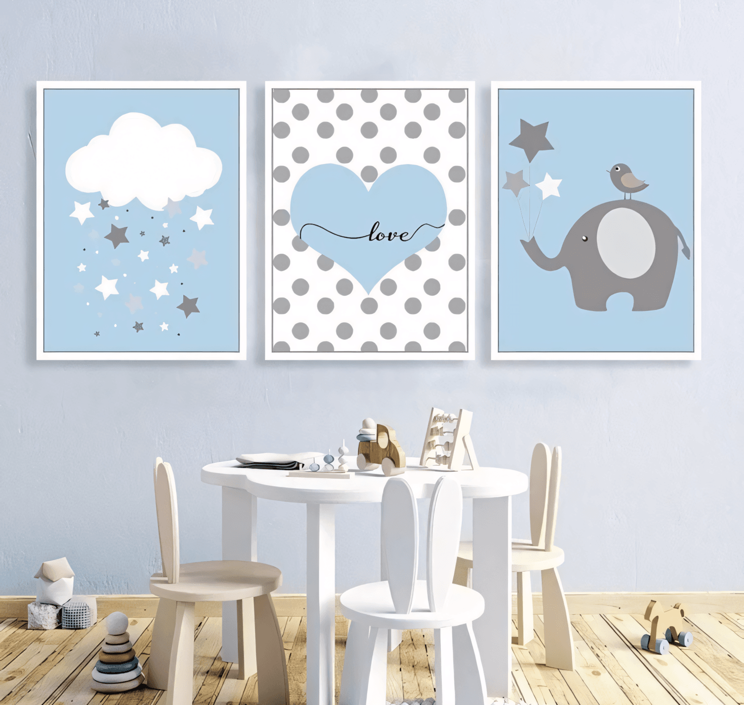 Gentle Blue: Elephant & Stars Nursery Trio